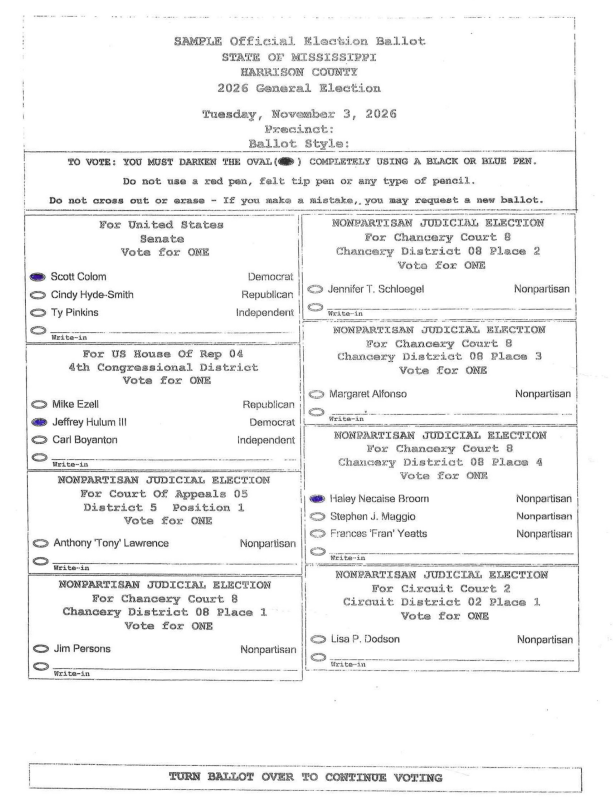 Rip's picks marked on the Harrison County sample ballot